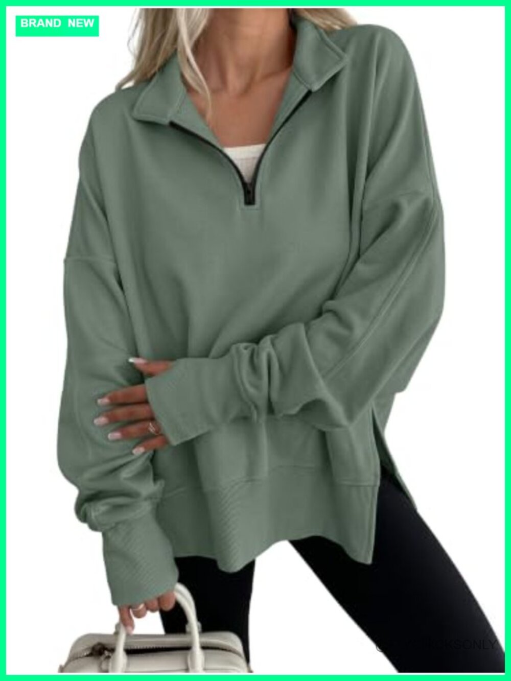 Oversized Quarter Zip Pullover Sweatshirt Stand Collar Side Slits Casual